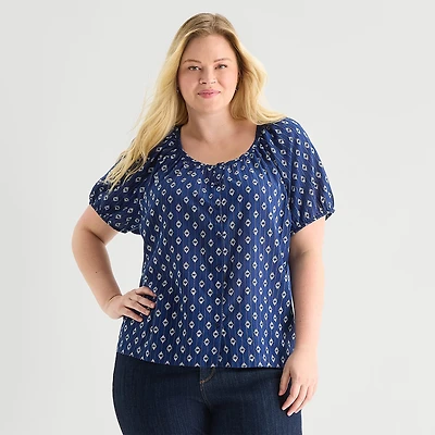 St. John's Bay Womens Plus Round Neck Short Sleeve Regular Fit Button-Down Shirt