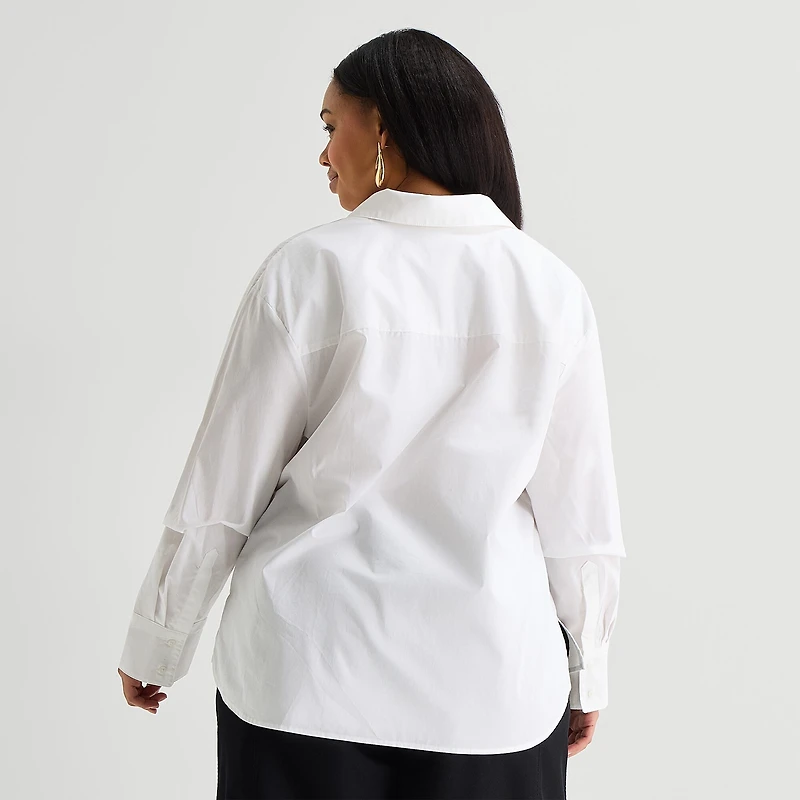 Worthington Plus Womens Embellished Button Front Shirt