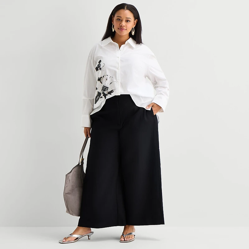 Worthington Plus Womens Embellished Button Front Shirt