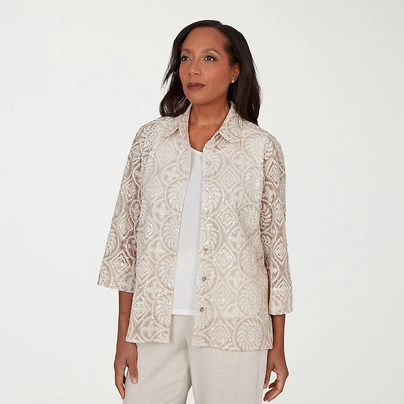Alfred Dunner Natural Wonder Womens Crew Neck 3/4 Sleeve Blouse