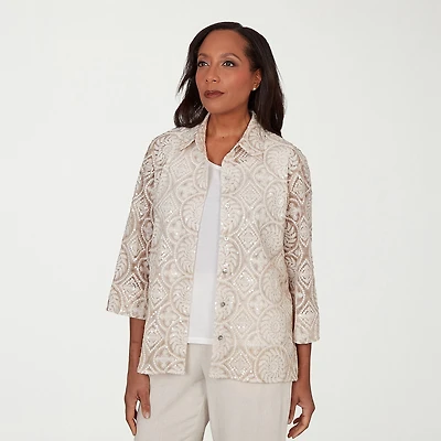 Alfred Dunner Natural Wonder Womens Crew Neck 3/4 Sleeve Blouse