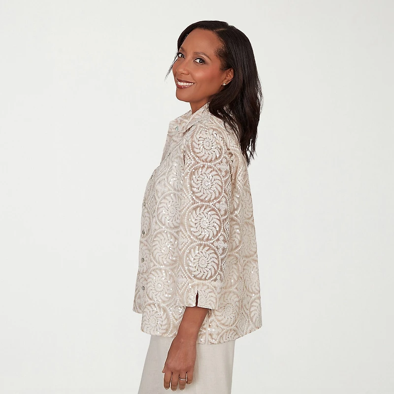 Alfred Dunner Natural Wonder Womens Crew Neck 3/4 Sleeve Blouse