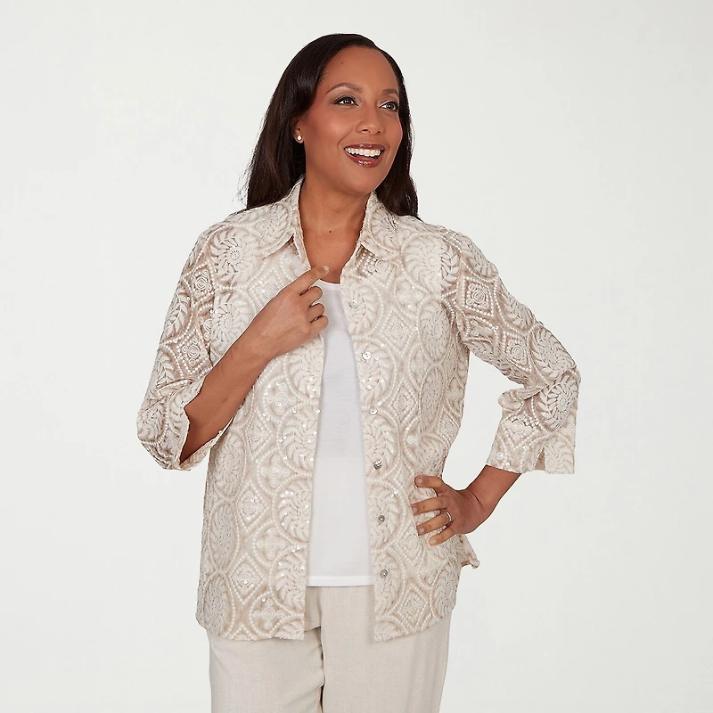 Alfred Dunner Natural Wonder Womens Crew Neck 3/4 Sleeve Blouse