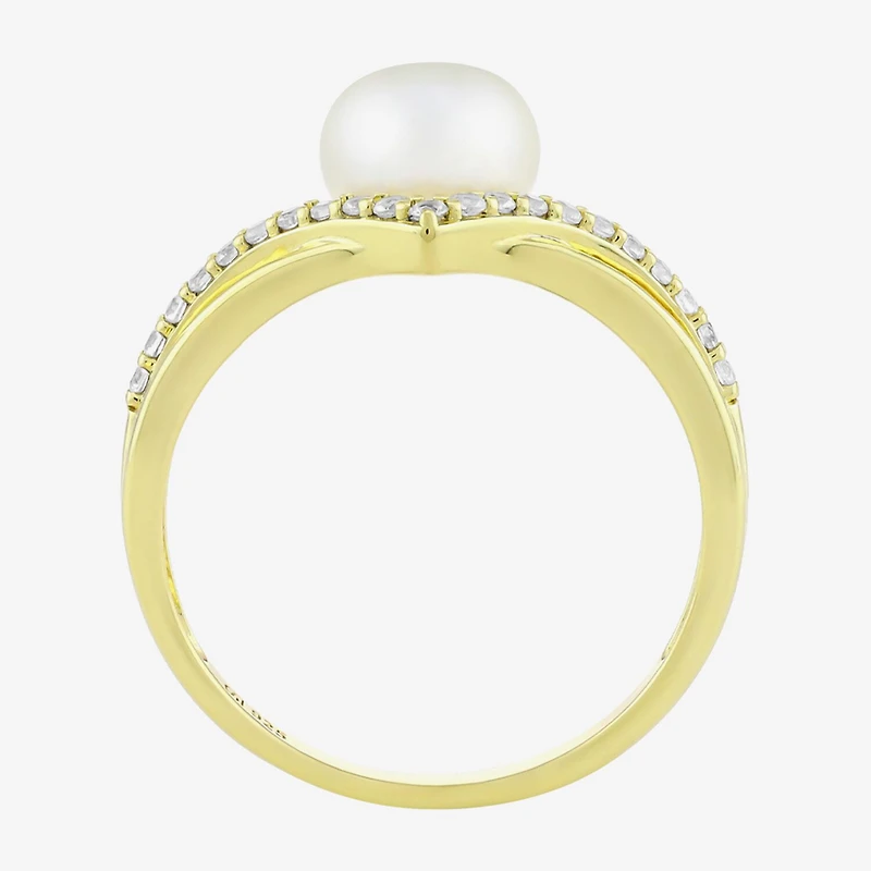 Womens 7MM White Cultured Freshwater Pearl 14K Gold Over Silver Round Cocktail Ring