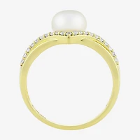 Womens 7MM White Cultured Freshwater Pearl 14K Gold Over Silver Round Cocktail Ring