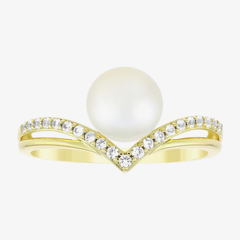 Womens 7MM White Cultured Freshwater Pearl 14K Gold Over Silver Round Cocktail Ring