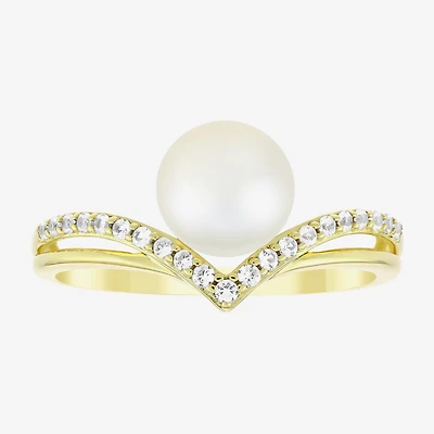 Womens 7MM White Cultured Freshwater Pearl 14K Gold Over Silver Round Cocktail Ring