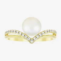 Womens 7MM White Cultured Freshwater Pearl 14K Gold Over Silver Round Cocktail Ring