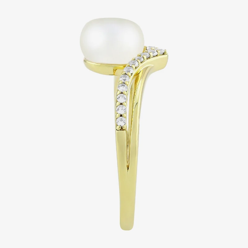 Womens 7MM White Cultured Freshwater Pearl 14K Gold Over Silver Round Cocktail Ring