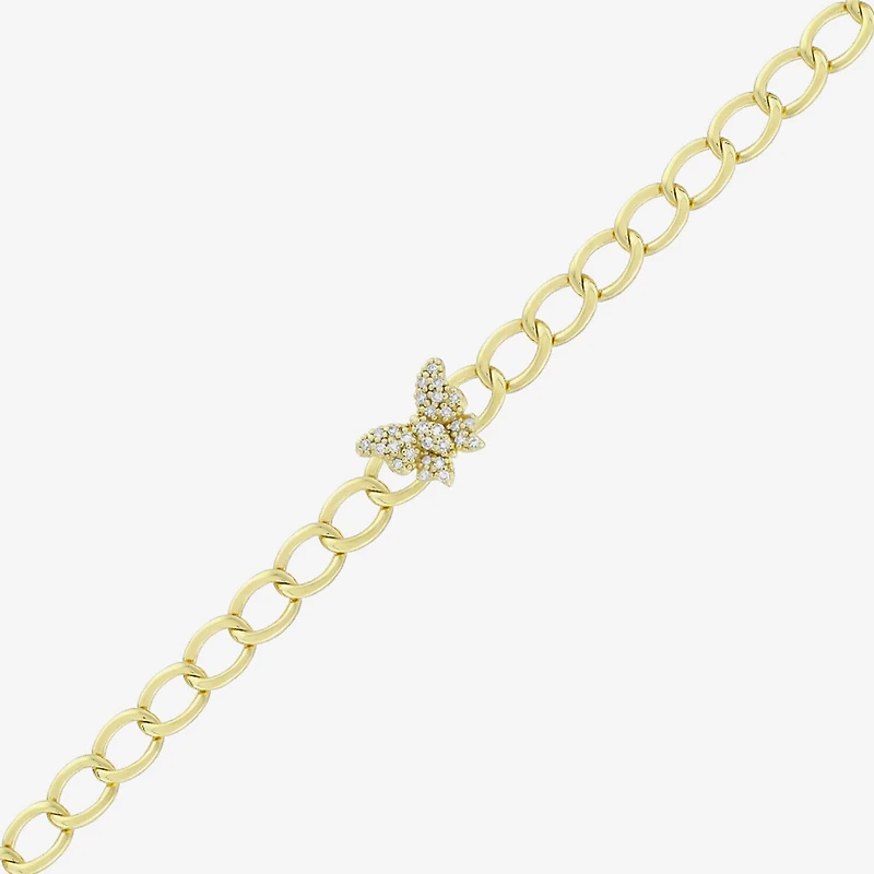 (H-I / Si1) Womens 14K Gold Over Silver 7.25 Inch Solid Link Butterfly Chain Bracelet