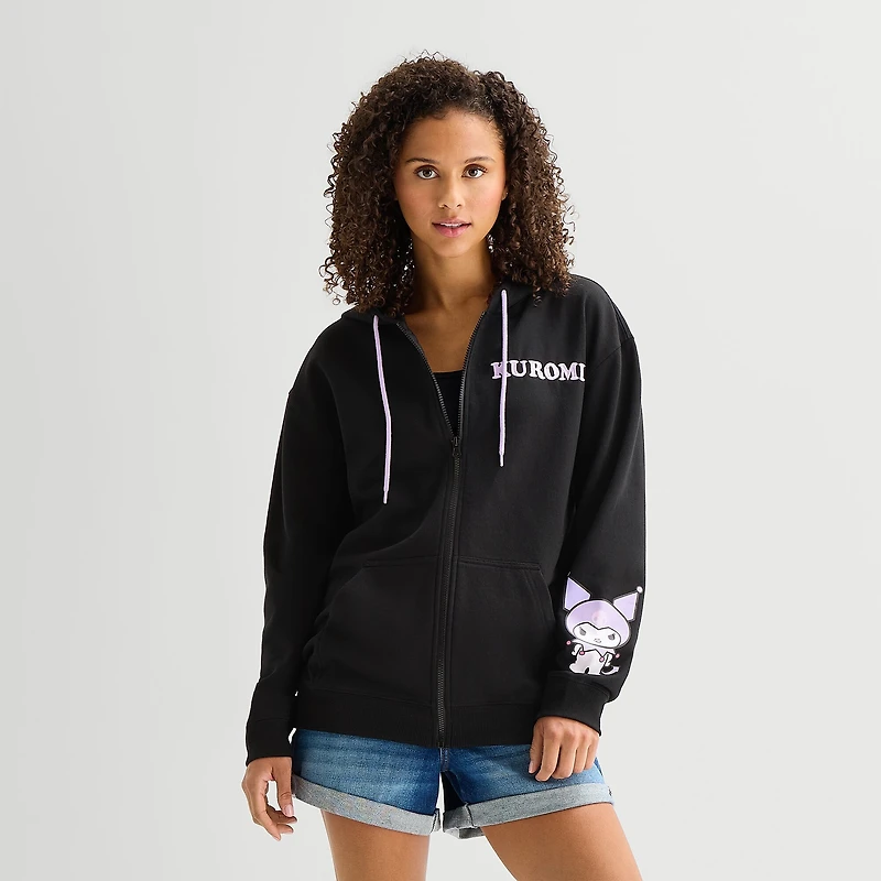 Womens Juniors Long Sleeve Kuromi Fleece Zipper Hoodie