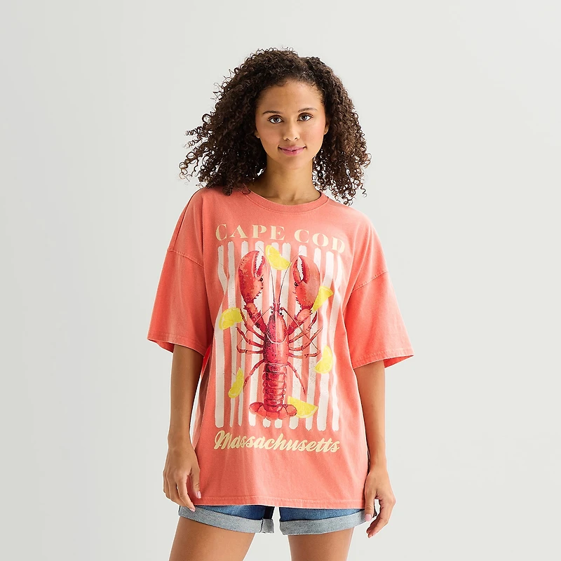 Arizona Womens Juniors Crew Neck Short Sleeve Oversized Graphic T-Shirt
