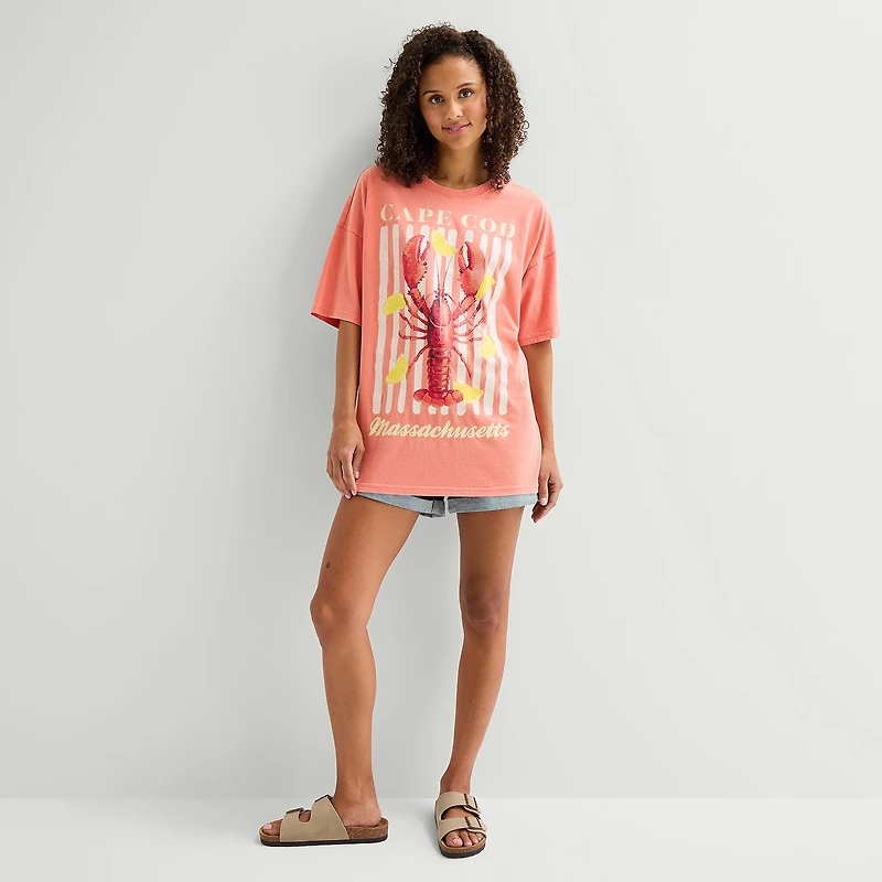 Arizona Womens Juniors Crew Neck Short Sleeve Oversized Graphic T-Shirt