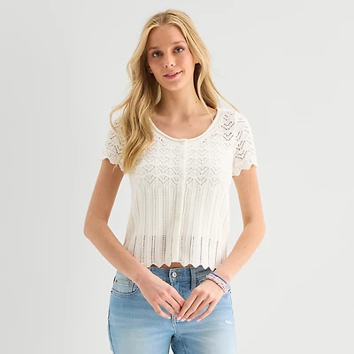 Arizona Womens Juniors Scoop Neck Short Sleeve Button Cardigan
