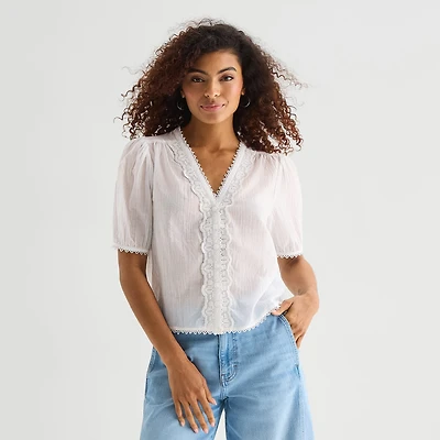 a.n.a Womens V Neck Short Sleeve Lace Blouse