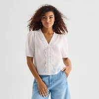 a.n.a Womens V Neck Short Sleeve Lace Blouse