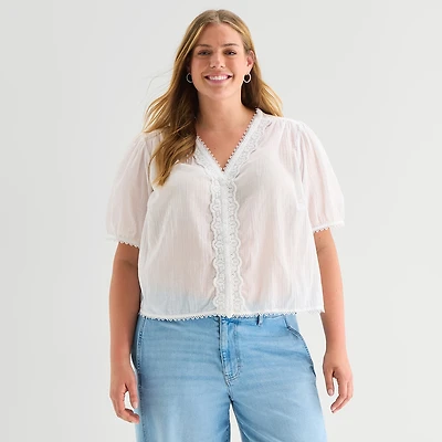 a.n.a Womens Plus V Neck Short Sleeve Blouse