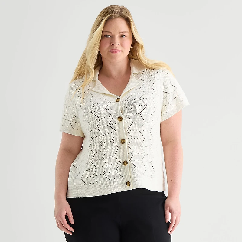 Liz Claiborne Womens V Neck Short Sleeve Button Plus Cardigan