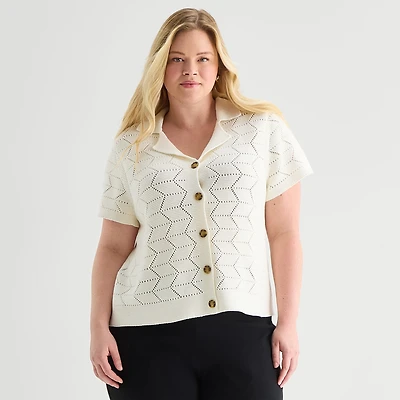 Liz Claiborne Womens V Neck Short Sleeve Button Plus Cardigan