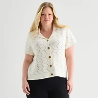 Liz Claiborne Womens V Neck Short Sleeve Button Plus Cardigan