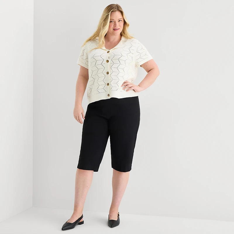 Liz Claiborne Womens V Neck Short Sleeve Button Plus Cardigan