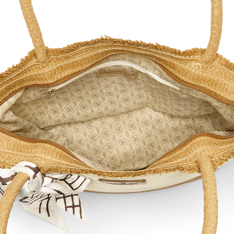 London Fog Top Ruffel Straw Tote Bag