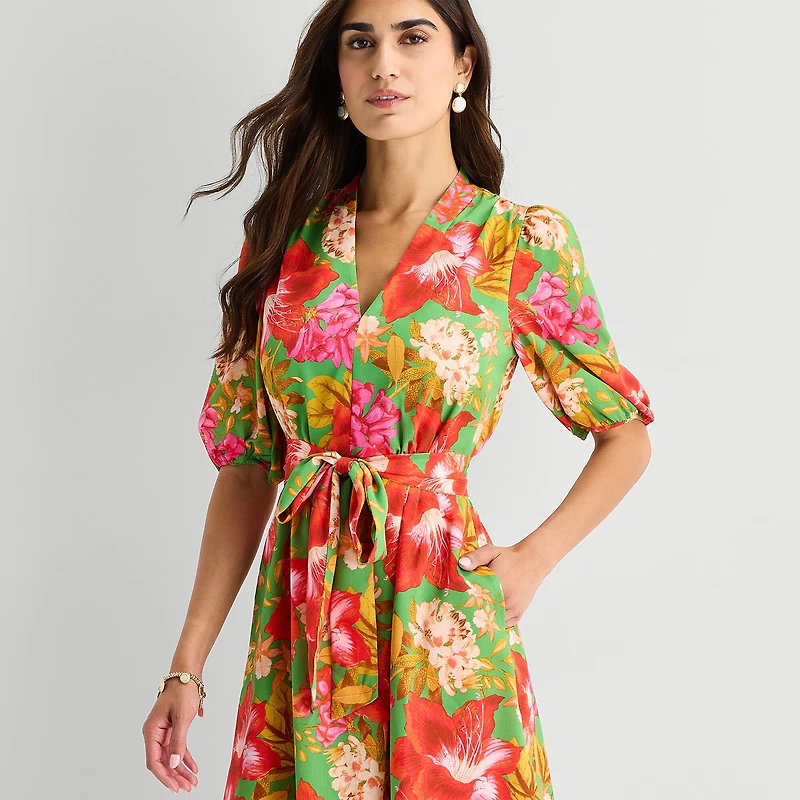 Willow Glenn Womens Midi V Neck Elbow Sleeve Puffed Floral Fit + Flare Dress