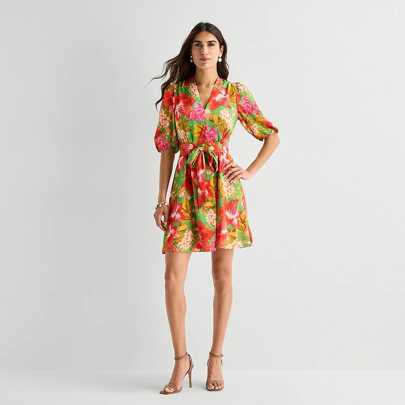 Willow Glenn Womens Midi V Neck Elbow Sleeve Puffed Floral Fit + Flare Dress