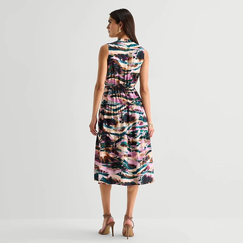 Isabel & Nina Womens Midi V Neck Sleeveless Abstract Fit + Flare Dress