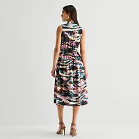 Isabel & Nina Womens Midi V Neck Sleeveless Abstract Fit + Flare Dress