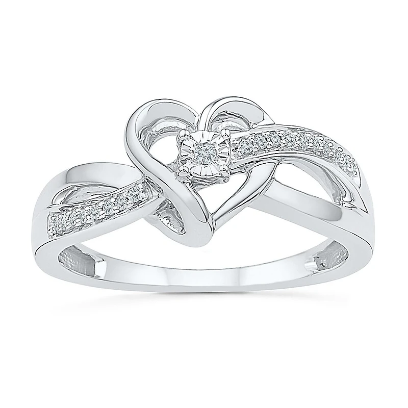 Womens Diamond Accent Natural White Sterling Silver Heart Crossover Cocktail Ring