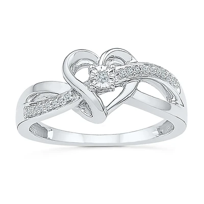 Womens Diamond Accent Natural White Sterling Silver Heart Crossover Cocktail Ring