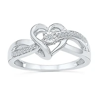 Womens Diamond Accent Natural White Sterling Silver Heart Crossover Cocktail Ring