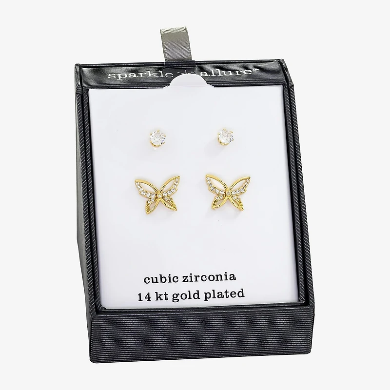 Sparkle Allure Womens Cubic Zirconia 14K Gold Over Brass Butterfly 2 Pair Earring Set