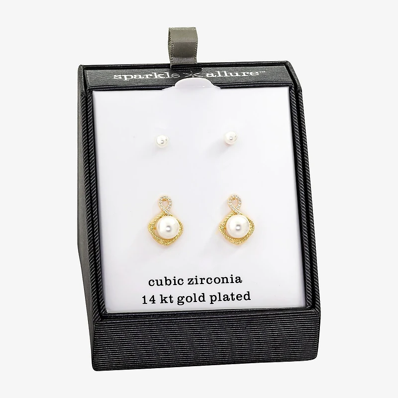 Sparkle Allure Womens Simulated Pearl 14K Gold Over Brass 2 Pair Earring Set