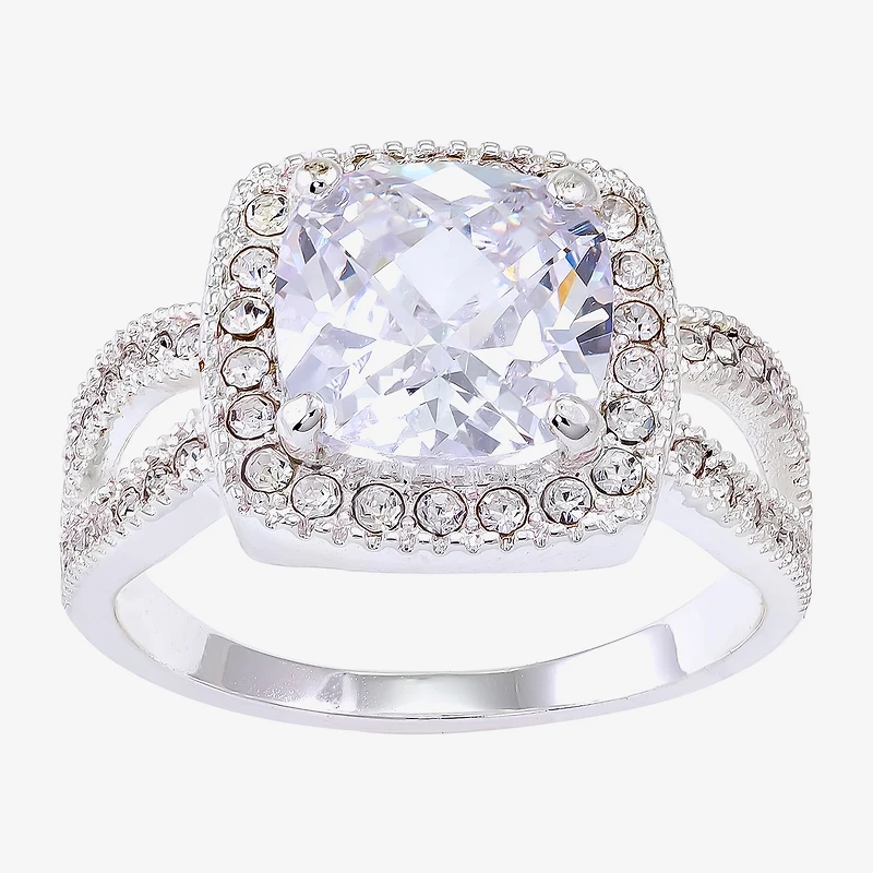 Sparkle Allure Split Shank Womens Cubic Zirconia Pure Silver Over Brass Cushion Halo Cocktail Ring