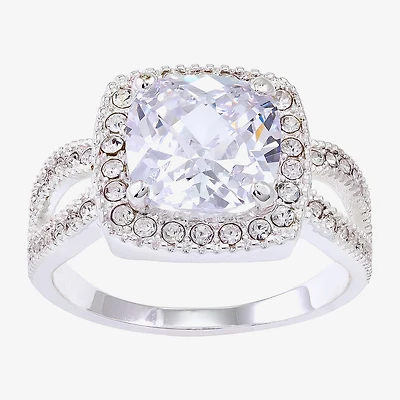 Sparkle Allure Split Shank Womens Cubic Zirconia Pure Silver Over Brass Cushion Halo Cocktail Ring