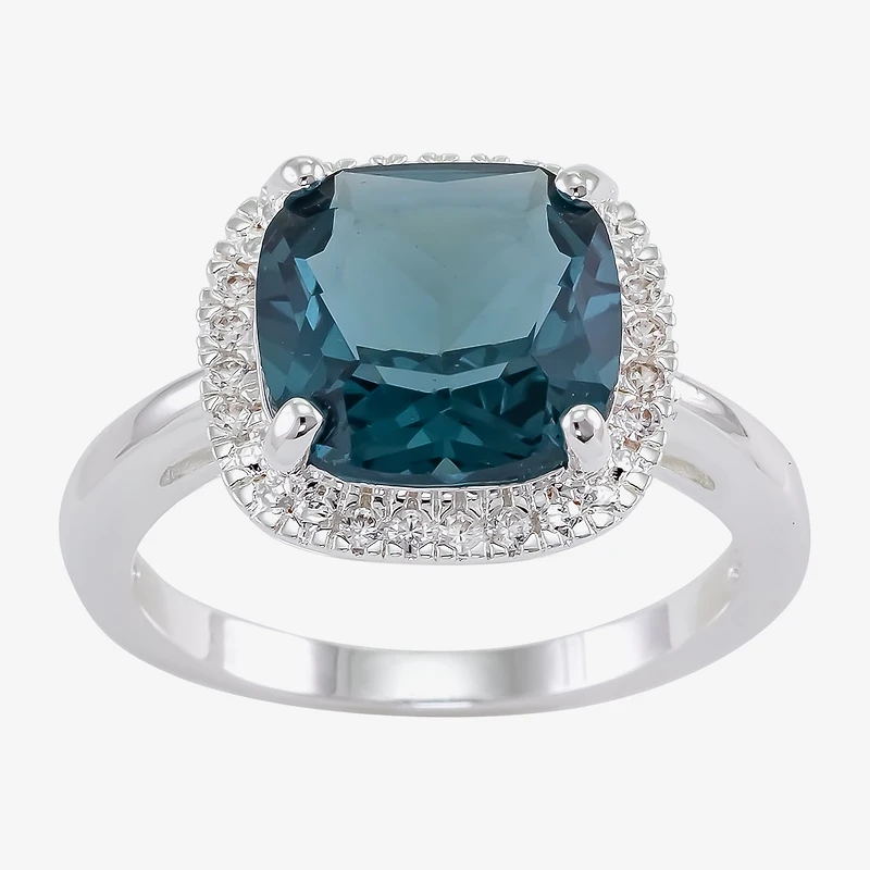 Sparkle Allure Womens Blue Crystal Pure Silver Over Brass Cushion Halo Cocktail Ring