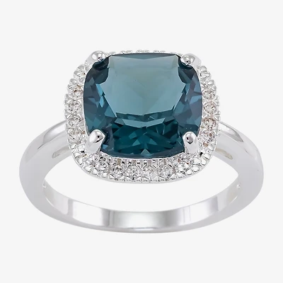 Sparkle Allure Womens Blue Crystal Pure Silver Over Brass Cushion Halo Cocktail Ring