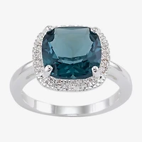 Sparkle Allure Womens Blue Crystal Pure Silver Over Brass Cushion Halo Cocktail Ring