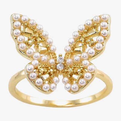 Sparkle Allure Womens White Simulated Pearl 14K Gold Over Brass Butterfly Cocktail Ring