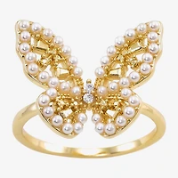 Sparkle Allure Womens White Simulated Pearl 14K Gold Over Brass Butterfly Cocktail Ring