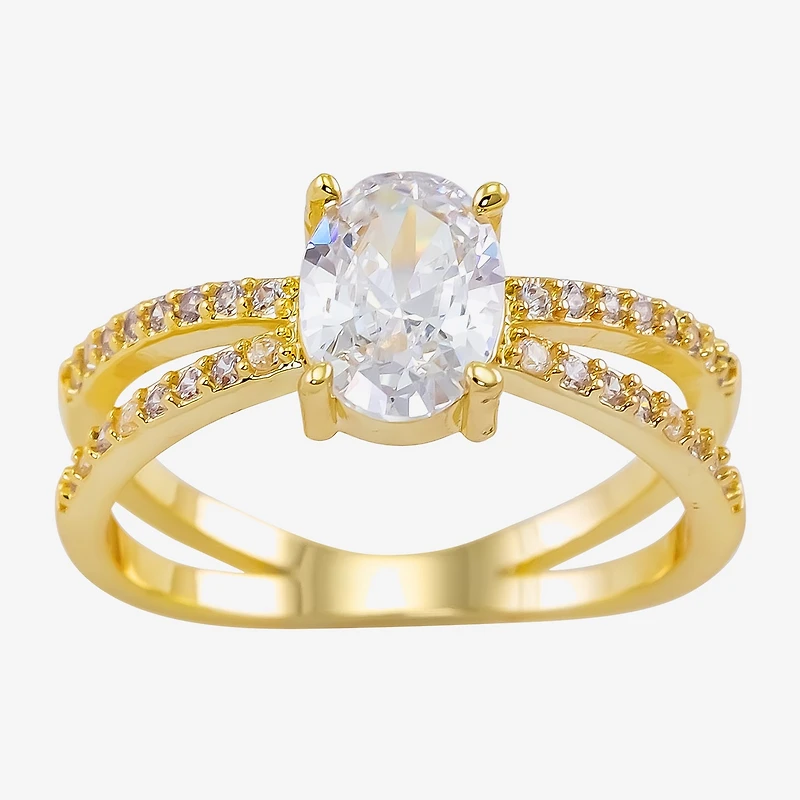 Sparkle Allure Crossover Split Shank Womens Cubic Zirconia 14K Gold Over Brass Oval Engagement Ring