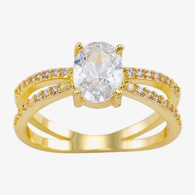 Sparkle Allure Crossover Split Shank Womens Cubic Zirconia 14K Gold Over Brass Oval Engagement Ring