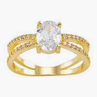 Sparkle Allure Crossover Split Shank Womens Cubic Zirconia 14K Gold Over Brass Oval Engagement Ring