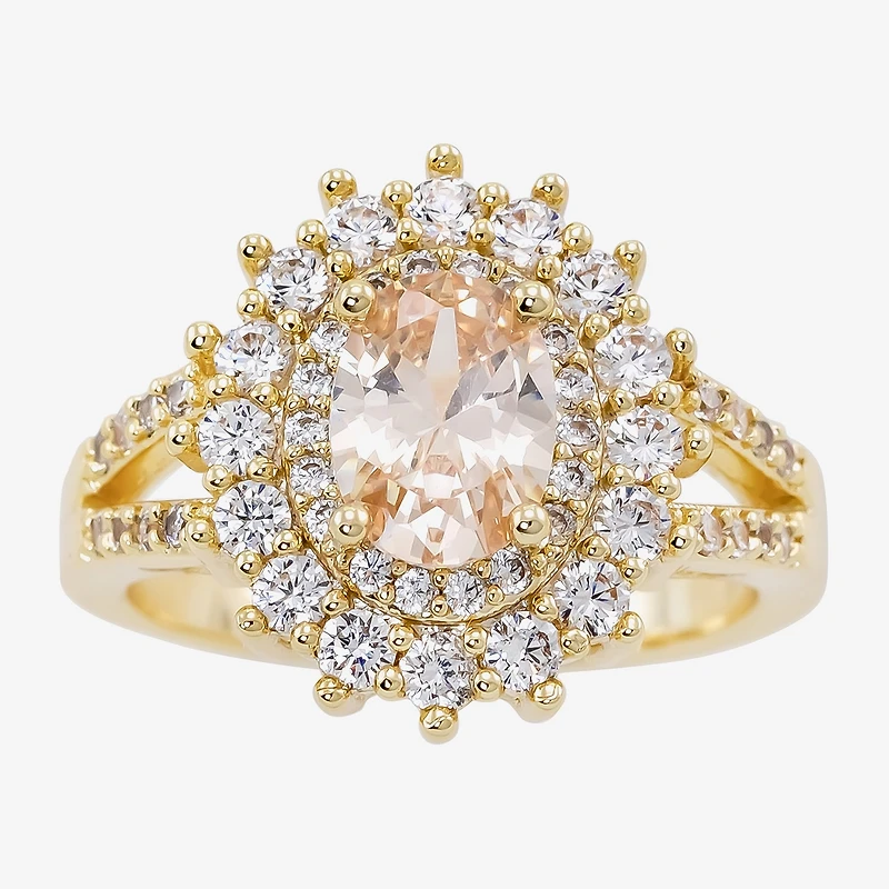 Sparkle Allure Womens Champagne Cubic Zirconia 14K Gold Over Brass Oval Halo Cocktail Ring