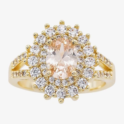 Sparkle Allure Womens Champagne Cubic Zirconia 14K Gold Over Brass Oval Halo Cocktail Ring