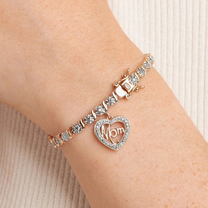 Sparkle Allure Mom Womens Natural Diamond Accent Pure Silver Over Bronze Heart 7.25 Inch Tennis Bracelet