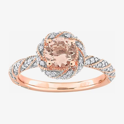 Womens Genuine Pink Morganite 14K Gold Halo Cocktail Ring