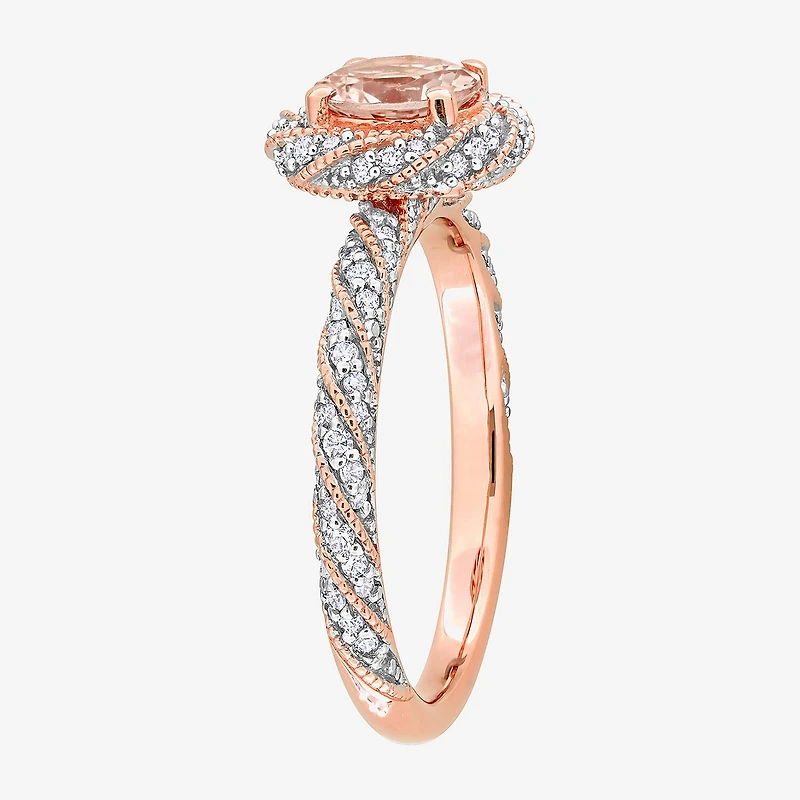 Womens Genuine Pink Morganite 14K Gold Halo Cocktail Ring